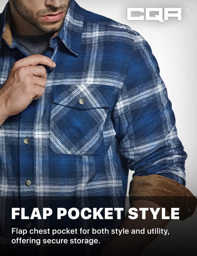 CQR Men's 100% All Cotton Button Down Flannel Shirts, Long Sleeve Brushed Warm Soft Casual Outdoor Plaid Shirt, Plaid Deep Ocean, Large - Image 5